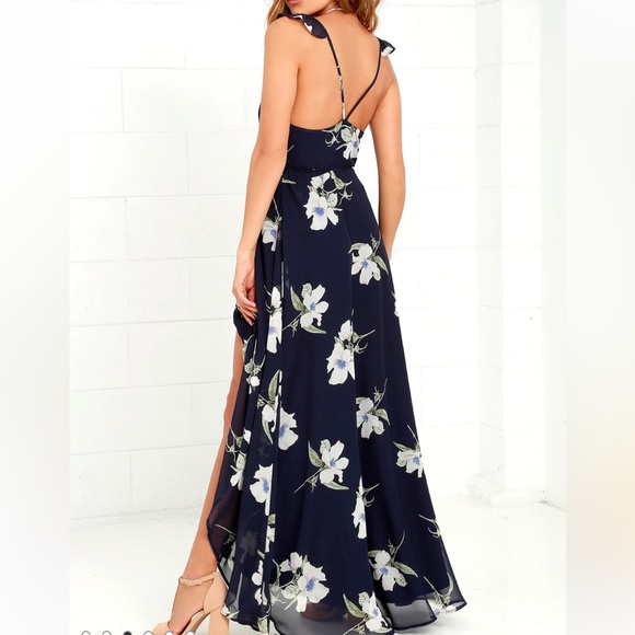 Lulu’s All Mine Navy Blue Floral Print High-Low Wrap Dress size Extra Small - Picture 2 of 7